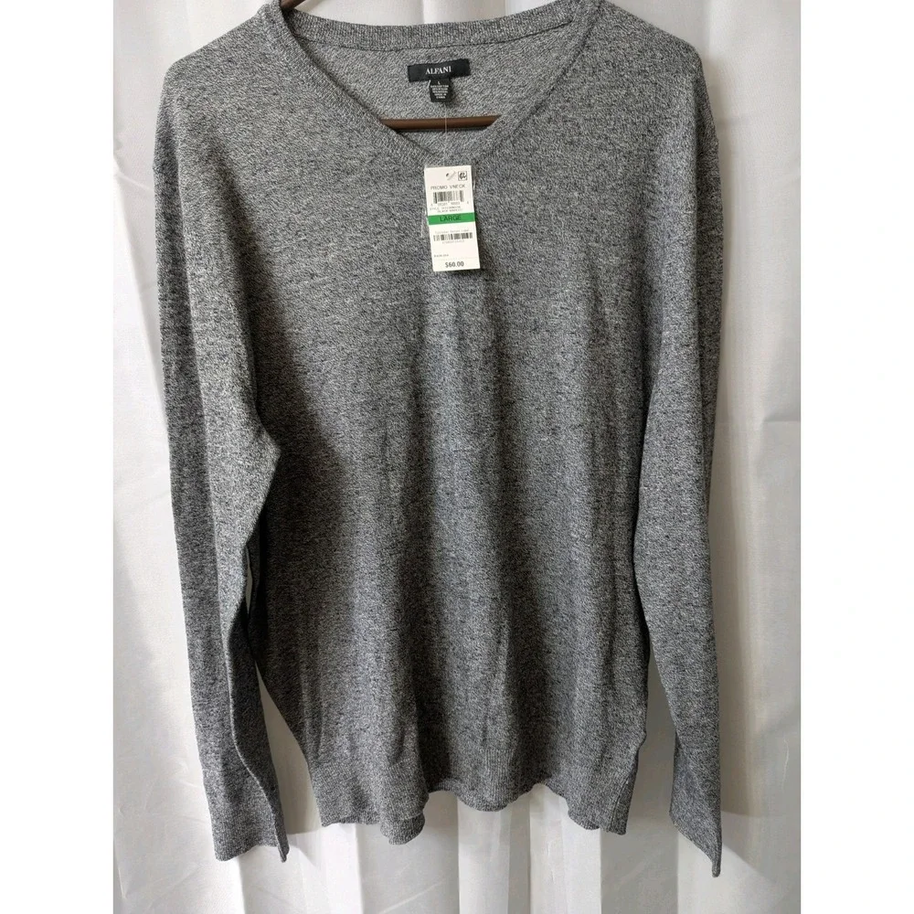 Alfani V-Neck Sweater‎ Men's Large Light Gray Cotton Blend Lightweight NEW